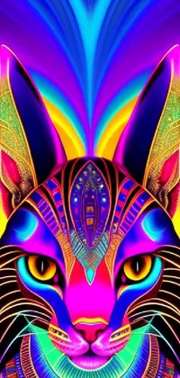 This live wallpaper features a highly-detailed, close-up image of a cat's face in front of a colorful, psychedelic background inspired by various forms of art and culture