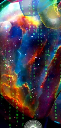 This digital live wallpaper features a stunning space suit close up with a reflective oil slick nebula in the background