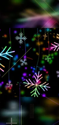 This live wallpaper features a digital rendering of snowflakes on a black background, accompanied by colorful neon lights and glowing wires