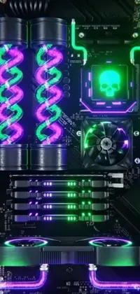 This phone live wallpaper features a stunning, high-tech design of a computer case with neon lights and purple halos