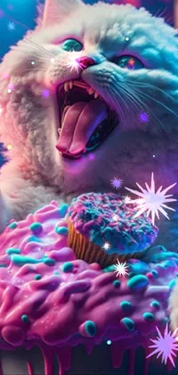 This live phone wallpaper showcase a delightful white cat perched on a colorful cupcake