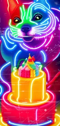 This live wallpaper for phones showcases a cheerful, digital painting of a cat sitting on a bright cake with glowing lights and neon wiring