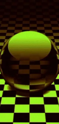 This phone live wallpaper showcases an op art-inspired glass ball on a checkered floor