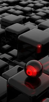 This unique live wallpaper features a cutting-edge and edgy design showcasing a group of black cubes with red lights on them that move in a dynamic formation complemented by an android integrated seamlessly into the design