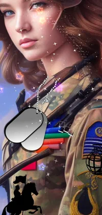 This phone live wallpaper features a military uniformed woman holding a rifle
