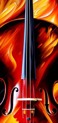 This live phone wallpaper depicts a striking violin engulfed in flames against a vibrant airbrushed background