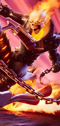 This live phone wallpaper is a detailed and eye-catching depiction of a man riding a motorcycle with glowing chains in a hellfire background