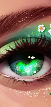 This live phone wallpaper features a mesmerizing digital painting of a mysterious eye with blooming flowers