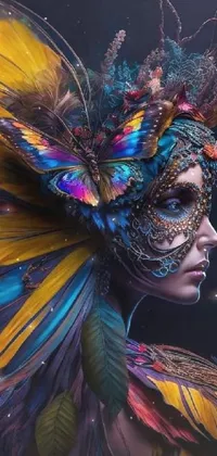 Looking for a unique and intricate phone live wallpaper? Check out this stunning digital art featuring a close-up of a woman wearing a colorful butterfly mask