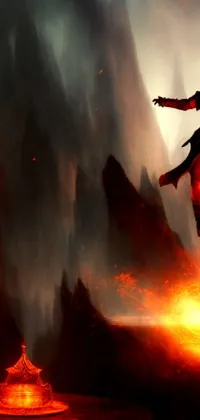 This live wallpaper features a male figure flying through red glowing streams of lava while holding a sword