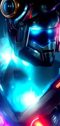This stunning live wallpaper features a colorful and muscular robotic figure, with a close-up shot of its high-tech helmet