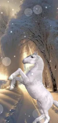 Looking for a stunning live wallpaper to bring your phone screen to life? Check out this amazing design, featuring a snow-covered landscape with a magnificent white horse standing on its hind legs
