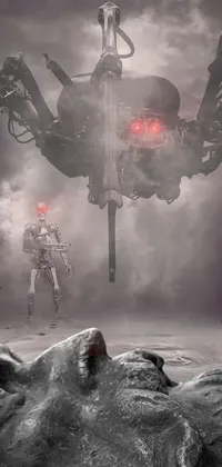 This phone live wallpaper features a surreal 3D render of a giant spider on a snow covered ground with a robot standing triumphantly over a defeated human