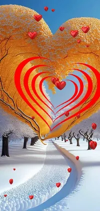 This live phone wallpaper features a heart-shaped tree in a snowy field, surrounded by warm amber hues, designed to convey love and happiness