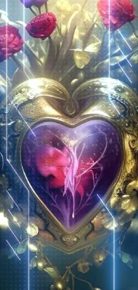 Enhance your phone background with this romantic mobile wallpaper featuring a close up image of a golden chalice-shaped heart filled with flowers, perfect for lovers of the romanticism movement