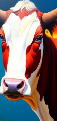 This colorful and dynamic live phone wallpaper features a red and white cow with distinctive horns against a backdrop of green grass and a blue sky