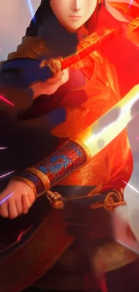This phone live wallpaper showcases an intense image of a person holding a sword against a glowing orange-red sunset
