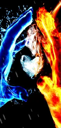 This dynamic phone live wallpaper features two hands, one aflame and the other immersed in water