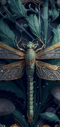 This phone live wallpaper features a high resolution digital close-up of a dragonfly on a wall in beautiful emerald hues