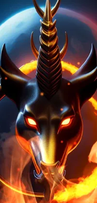This vibrant phone live wallpaper features a mystical and immersive blend of fantasy elements, including a close-up of a bull's head, a fiery black orb, a colossal dragon, a galloping unicorn, intricate mandala designs, and glowing runes