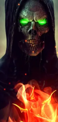 Intensify your phone's screen with a dark and spooky live wallpaper featuring a skeleton with glowing green eyes