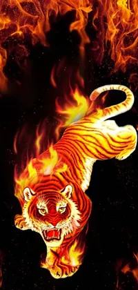 This phone live wallpaper features a stunning digital art, showcasing a fiery tiger soaring through the sky