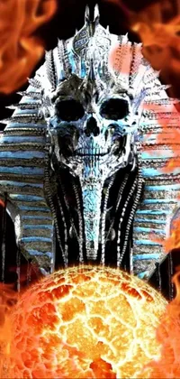 This phone live wallpaper features a visually captivating close-up of fiery flames, featuring a striking skull, Egyptian mummy king, solarpunk theme, and chrome skeksis for added sci-fi appeal