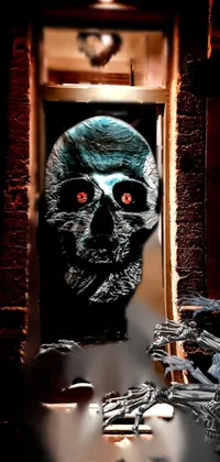 This live phone wallpaper showcases a creepy door adorned with a monster portrait at its center, creating just the right amount of fear for Halloween