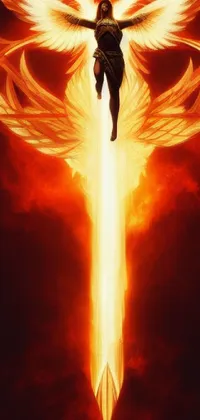 Looking for an epic phone wallpaper? Check out this fiery and dynamic image of an angel with golden wings and a glowing sword! The figure is in constant motion, flying through the air amidst chaos and destruction