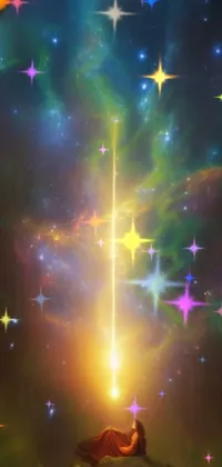 This phone live wallpaper depicts a serene scene of a person sitting atop a lush green field, against a backdrop of swirling space art and lightning arc plasma