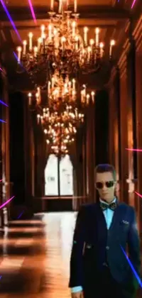 Enhance your phone's screen with a mesmerizing live wallpaper featuring a stylish man walking along an elegant hall with a glittering chandelier