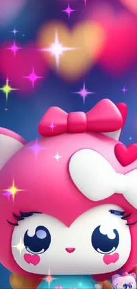This phone live wallpaper features a detailed close-up of a doll with hearts in the background, in pink and pastel colors