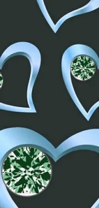This phone live wallpaper showcases a stunning design of two heart-shaped diamonds in an elegant green color, resting on top of each other