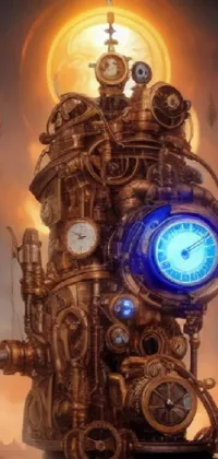 This phone live wallpaper features a clock tower in a desert setting with intricate gears and pipes