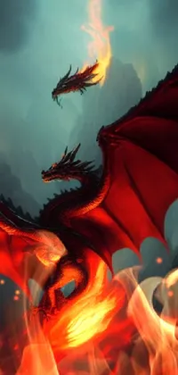 This live mobile wallpaper features a red dragon soaring through the cloudy sky