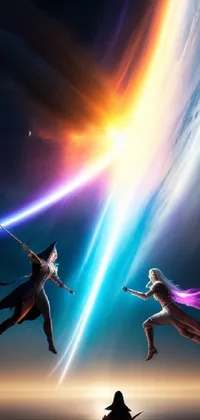 This live wallpaper features a breathtaking fantasy scene with two individuals flying in the sky, holding laser swords