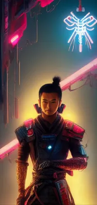 This live phone wallpaper features a Chinese warrior standing before a neon sign in a futuristic, cyberpunk cityscape