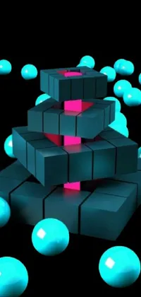Experience a stunning live wallpaper for your phone featuring cubes piled on top of each other, glowing orbs, sparkling molecules, transparent Menger sponge structures, and a colorful neon palette