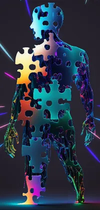 This phone live wallpaper features a sleek digital artwork of a humanoid standing in front of a puzzle piece