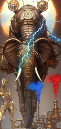 This stunning phone live wallpaper showcases a masterful work of fantasy art featuring a detailed statue of an elephant and a man beside it