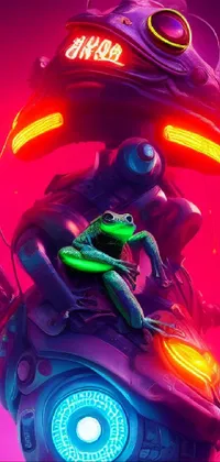 This phone live wallpaper features a mischievous frog sitting on a car, with vivid neon colors that create a futuristic and eye-catching design