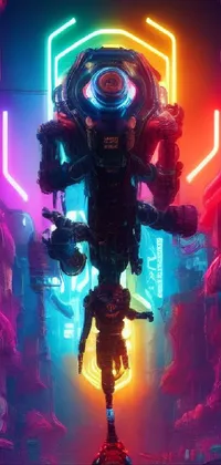This neon cyberpunk live wallpaper features a towering robot and a man in cyberpunk fashion standing on a city street