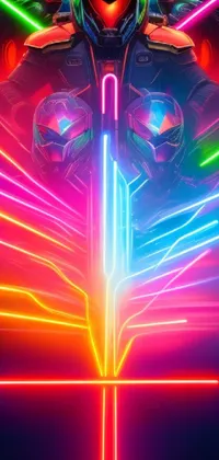 Looking for a stunning live wallpaper for your phone? Check out this futuristic wallpaper featuring a man riding on the back of a motorcycle with neon lights and holding a lightsabre