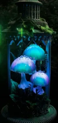 Transform your phone screen with this magical live wallpaper featuring a lantern with glowing mushrooms, surrounded by a holographic aura and opal statues