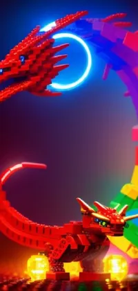 This stunning phone live wallpaper features a detailed lego dragon perched atop a table, basking in colorful rainbow lighting
