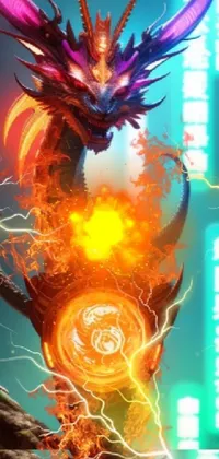 This phone live wallpaper presents a bold digital painting of a fire-breathing dragon