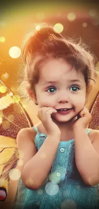 This mesmerizing live phone wallpaper showcases a child with a delightful butterfly perched on her head