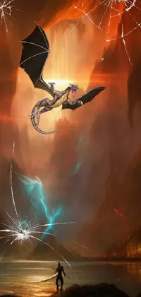This phone live wallpaper depicts a majestic dragon soaring over a serene body of water as the sun sets in the Elemental Plane of Fire