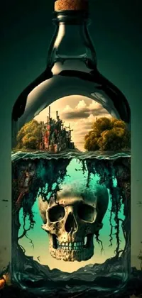 This live wallpaper for your phone showcases a digital art image of a bottle with a skull inside