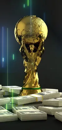 This live wallpaper features a captivating digital rendering of a golden trophy atop a pile of cash, set amidst the excitement of the World Cup